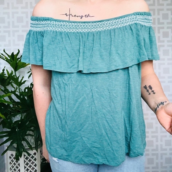 Dalia Off Shoulder Top Green Stripe Embroidered size L - Picture 1 of 4